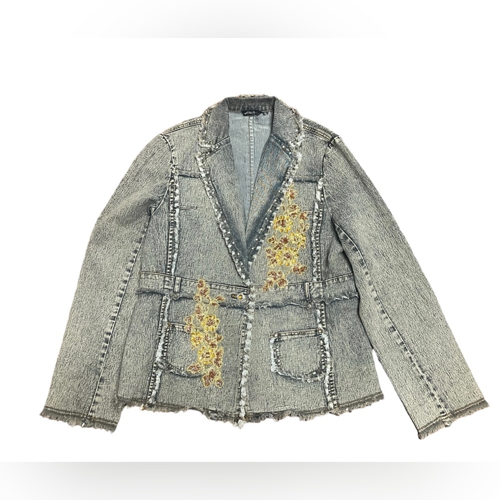 KAITY Denim Shag Edge Embellished 1-Button Jacket XL Rhinestones Gold Gemstones‎